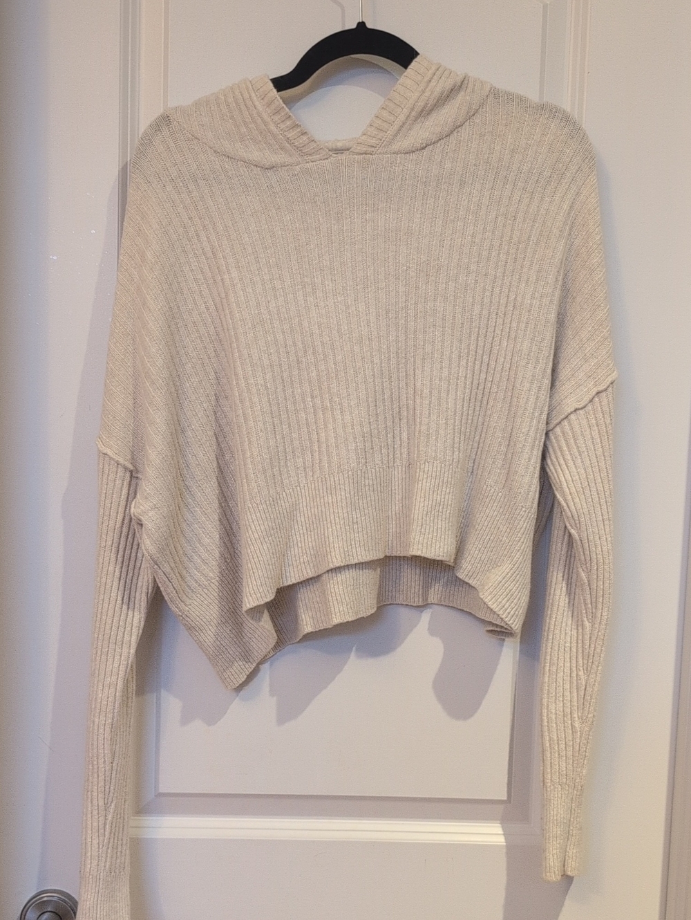 aerie OFFLINE Ribbed Hooded Cropped Sweater - Cream - Size M - Loose Fit